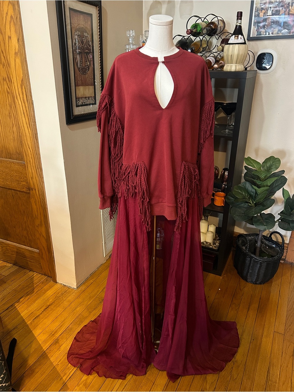 Women's Red Fringe Keyhole Top with sheer Train